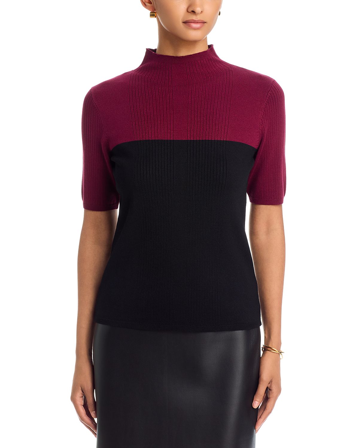 T Tahari Elbow Sleeve Mock Neck Color Blocked Sweater
