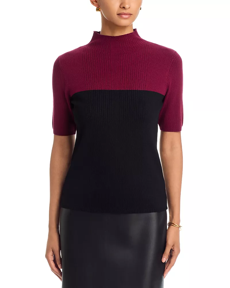 T Tahari Elbow Sleeve Mock Neck Color Blocked Sweater