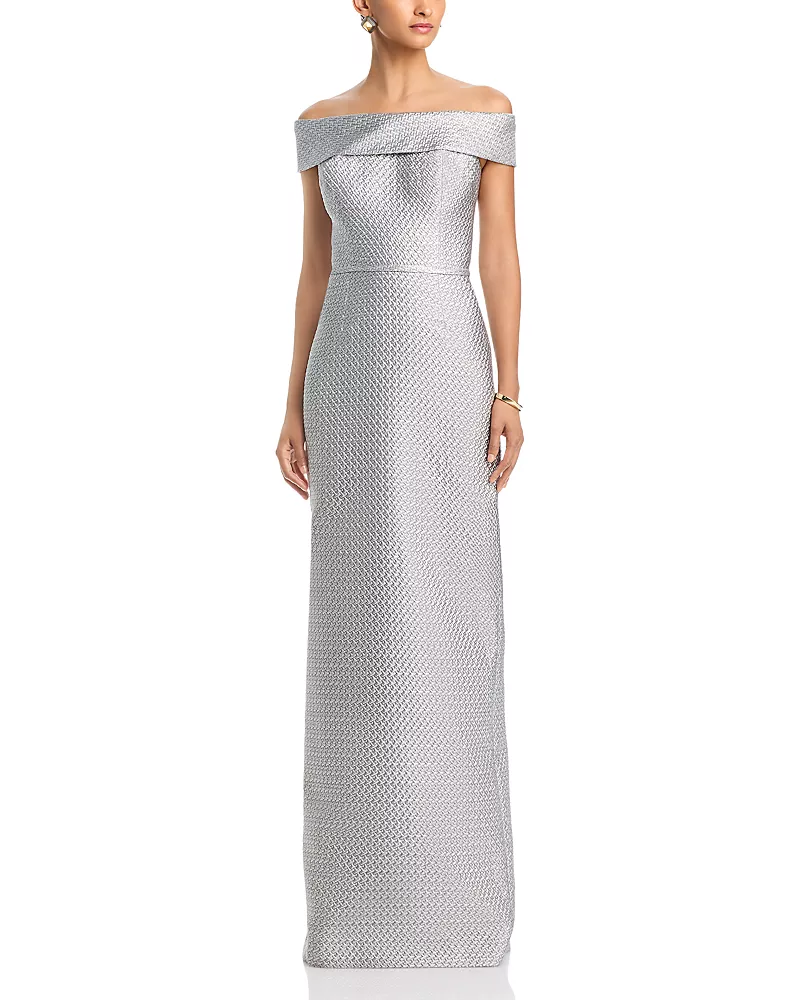 Teri Jon by Rickie Freeman Basket Weave Jacquard Off-the-Shoulder Gown