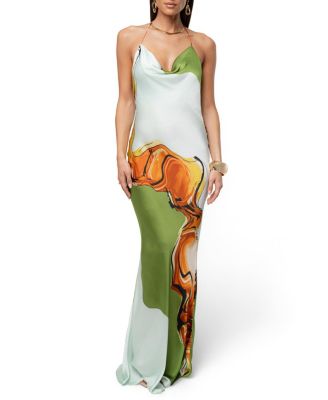 Tropical Print Golden Touch Satin Dress