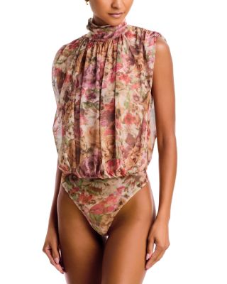Aqua Mock Neck Mesh Blouson Bodysuit - Exclusive