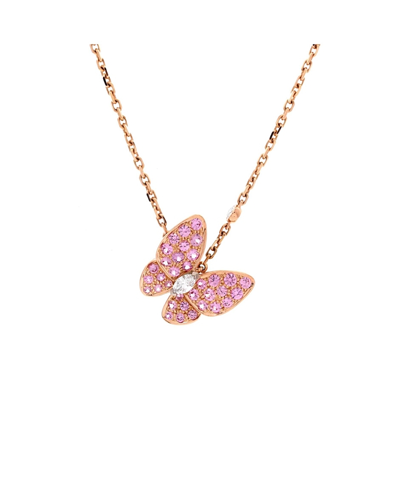 Pre-Owned Van Cleef & Arpels Two Butterfly Pendant Necklace 18K Rose Gold with Pink Sapphires and Diamonds, 16.25