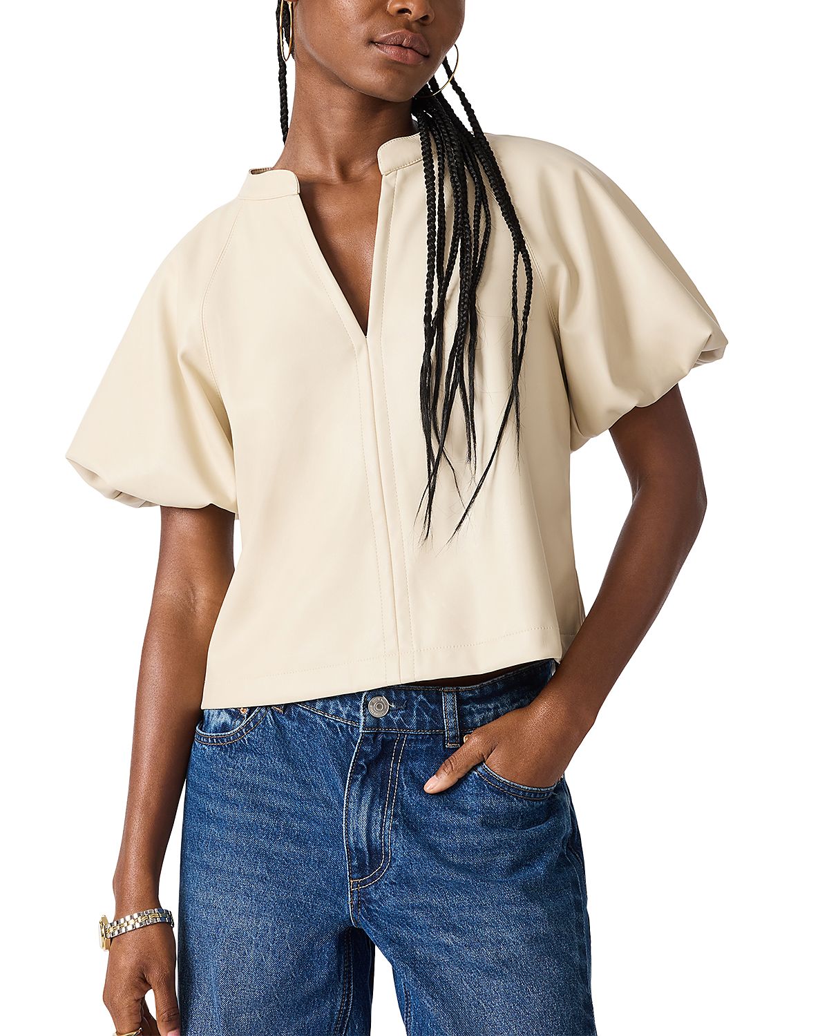 Steve Madden Cecila Faux Leather Puffed Sleeve Top