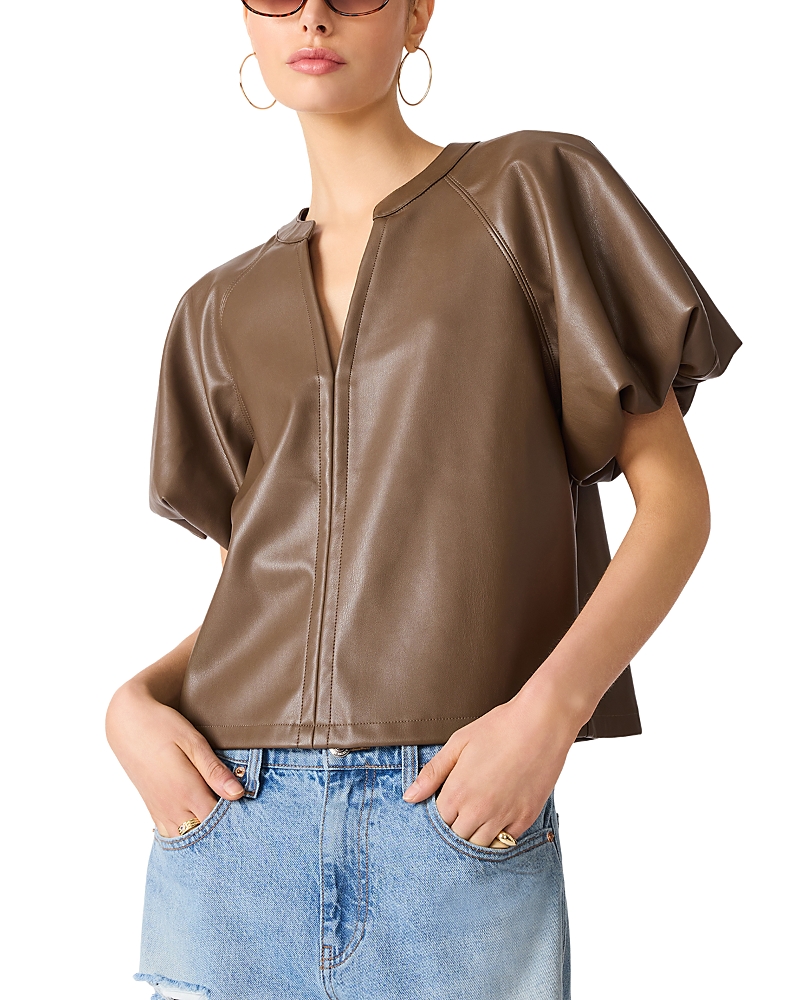 Steve Madden Cecila Faux Leather Puffed Sleeve Top