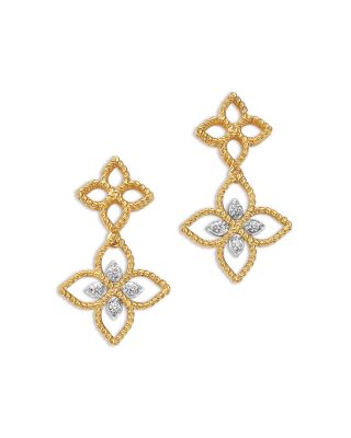 18K White & Yellow Gold Princess Flower Diamond Dangle Drop Earrings, 0.05 tcw