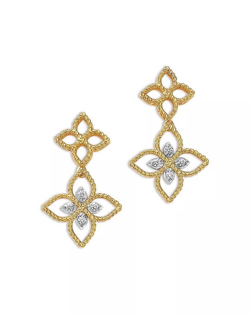 Roberto Coin 18K White & Yellow Gold Princess Flower Diamond Dangle Drop Earrings, 0.05 tcw