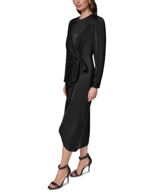 Satin Side-Ruched Cascade Ruffle Midi Dress - thumbnail 2