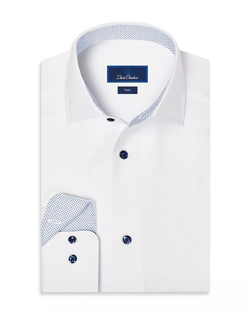 David Donahue Trim Fit Herringbone Contrast Dress Shirt