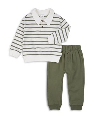 Girls Long Sleeve Green Striped Collared Top and Pants Set - Baby