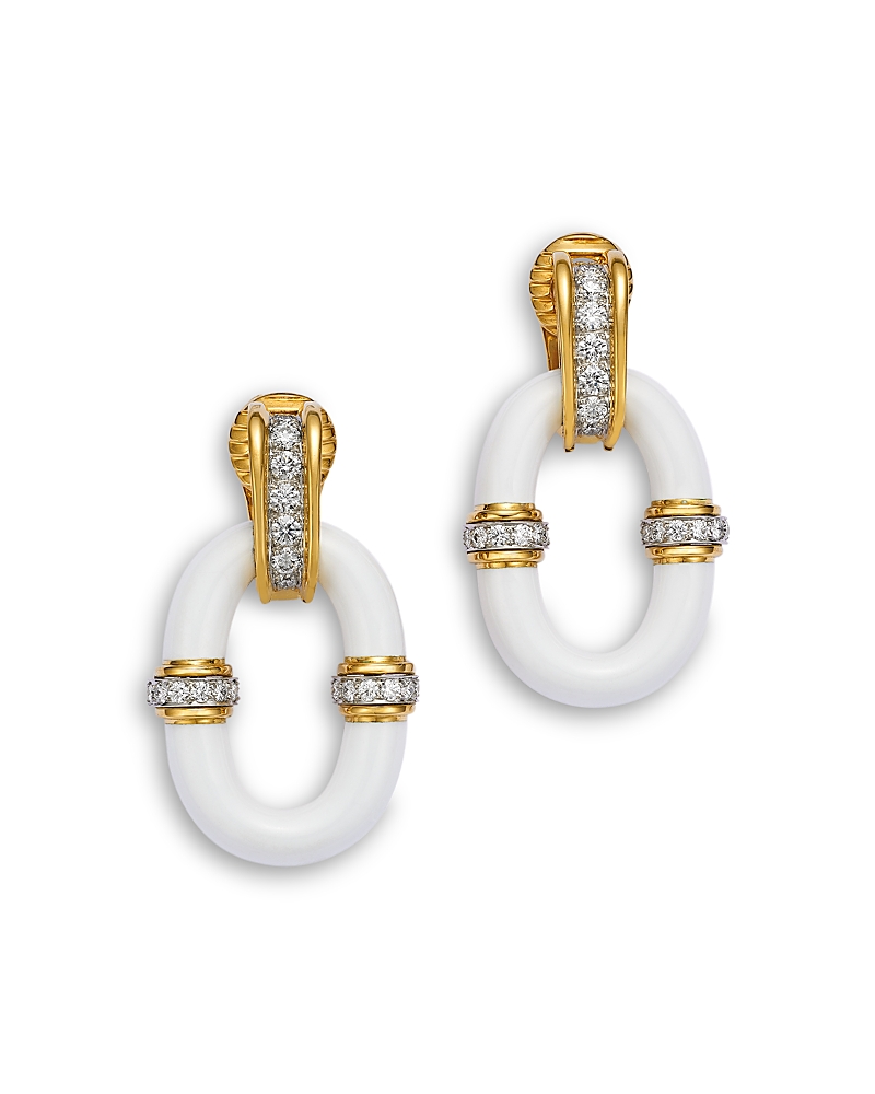 David Webb Platinum & 18K Yellow Gold Manhattan Minimalism Diamond & Enamel Oval Link Earrings