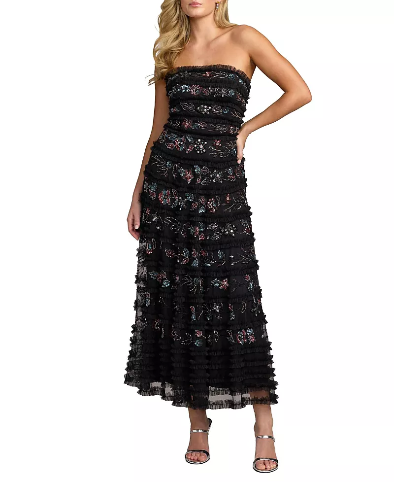Mac Duggal Strapless Micro Ruffle Midi Dress