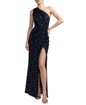  Floral One Shoulder Sequin Gown With Slit