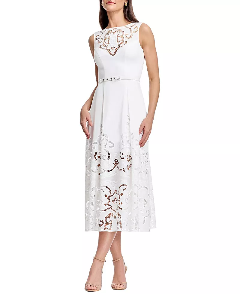 Dress the Population Colton Sleeveless Eyelet Lace Belted Midi Dress