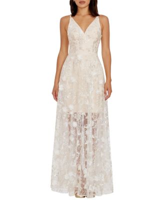 Dress the Population Sidney V-Neck 3D Floral Sequin Sheer Overlay Gown