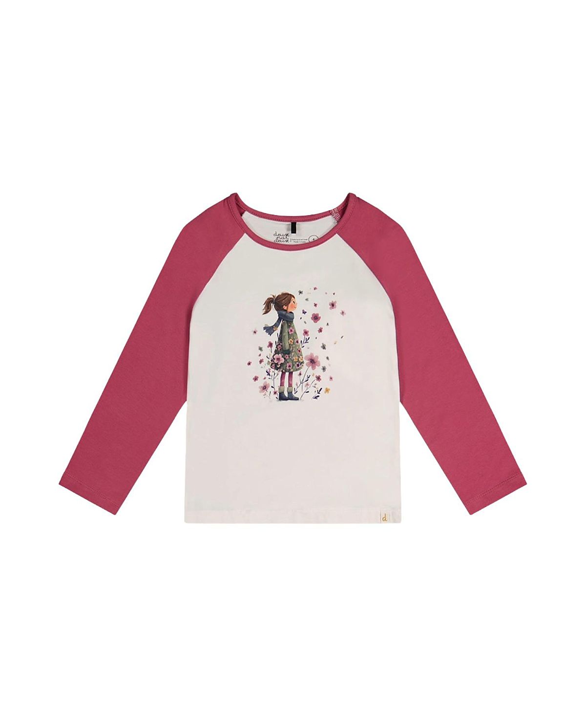 Deux par Deux Girls' Contrast Raglan Organic Cotton Flowers Crew Neck T-Shirt - Big Kid