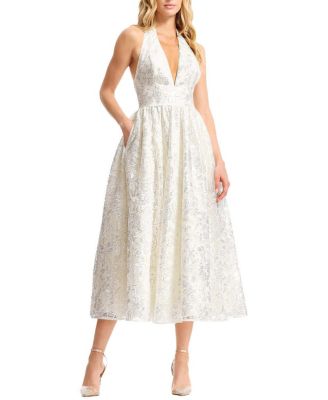 Dress the Population Christina Halter Plunge V-Neck Floral Jacquard Midi Dress