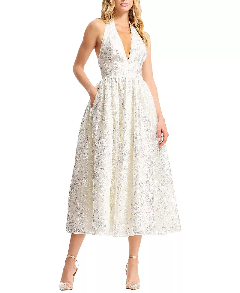 Dress the Population Christina Halter Plunge V-Neck Floral Jacquard Midi Dress
