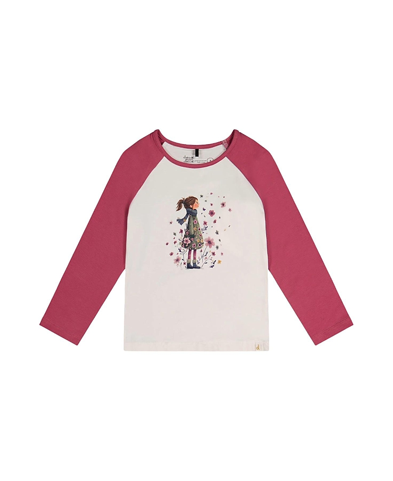 Deux par Deux Girls' Contrast Raglan Organic Cotton Flowers Crew Neck T-Shirt - Little Kid