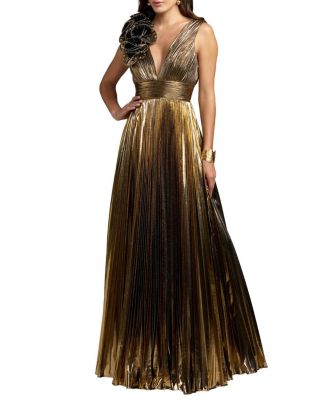  Sleeveless Metallic V-Neck Gown With Ruffle Detail