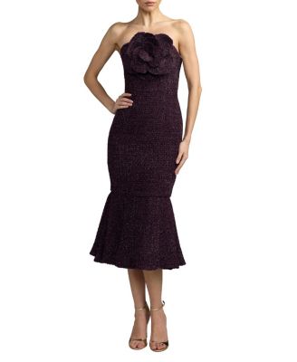  Boucle Strapless Midi Dress With 3D Flower