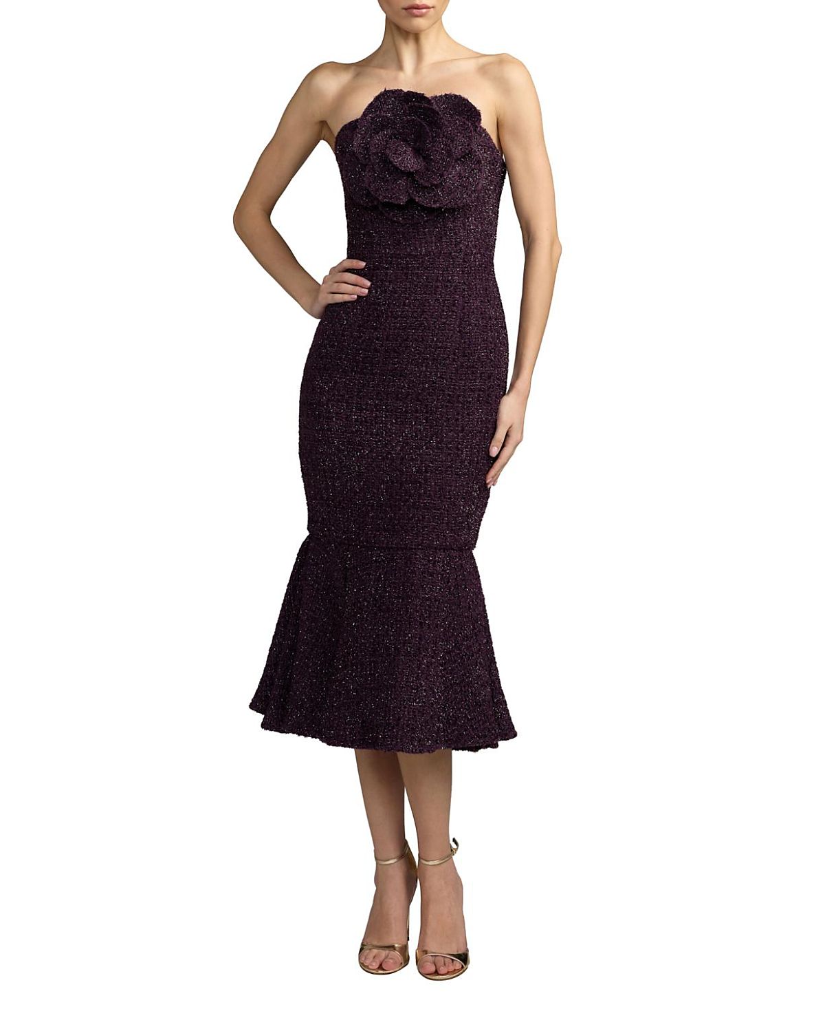 Mac Duggal Boucle Strapless Midi Dress With 3D Flower