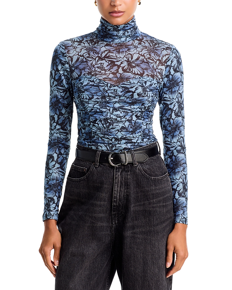 Aqua Floral Bloom Mock Neck Mesh Top - Exclusive