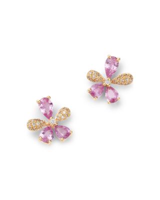Emerald & Diamond Flower Stud Earrings in 14K Yellow Gold