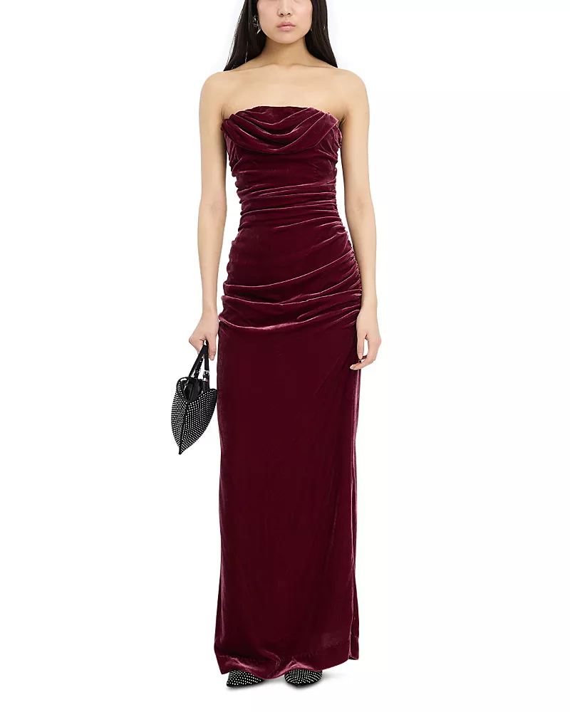 Rotate Silk Velvet Ruched Dress