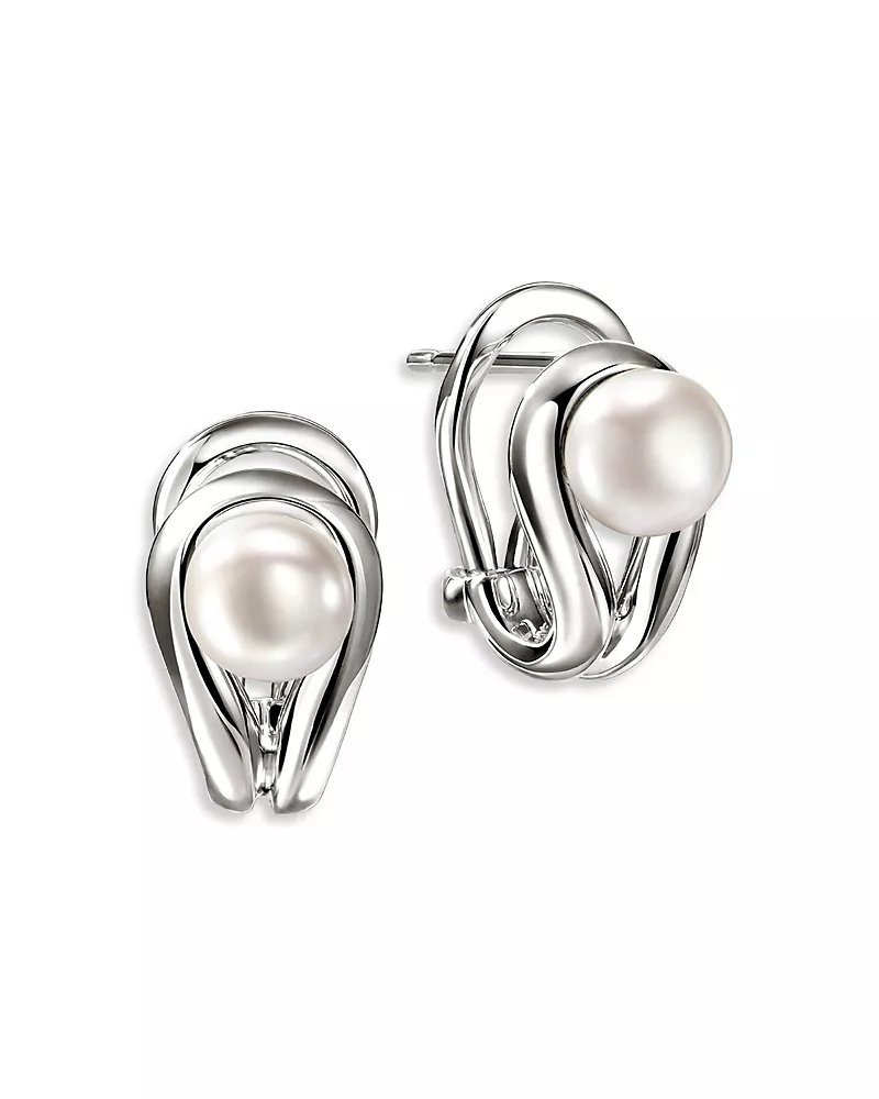 John Hardy Sterling Silver Surf Cultured Freshwater Pearl Omega Earrings