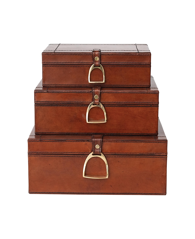 Olive Grove 3-Piece Reclaimed Wood and Leather Nesting Boxes with Brass Closures and Flocked Interior