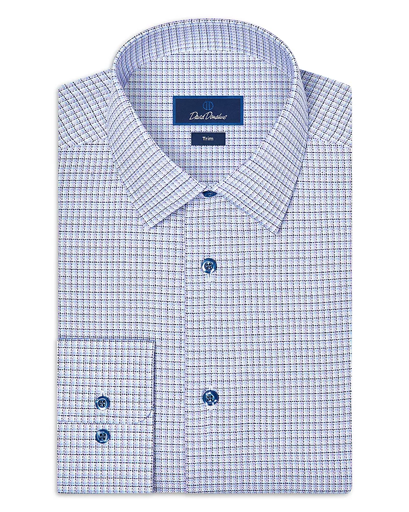 David Donahue Trim Fit Cotton Blend Twill Check Dress Shirt