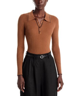 T Tahari Contrast Tipped Rib Knit Polo Sweater