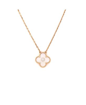  Vintage Alhambra Pendant Necklace 18K Rose Gold and White Mother of Pearl with Diamond, 16.25"
