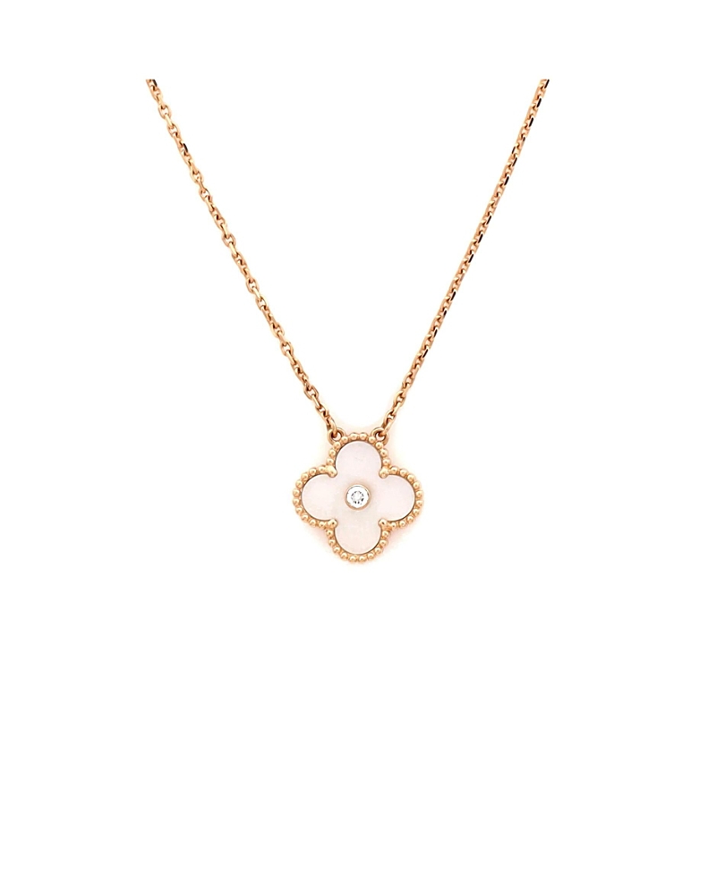 Pre-Owned Van Cleef & Arpels Vintage Alhambra Pendant Necklace 18K Rose Gold and White Mother of Pearl with Diamond, 16.25