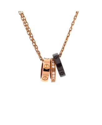  Love 3 Ring Pendant Necklace 18K Rose Gold and Ceramic with Diamonds, 16"