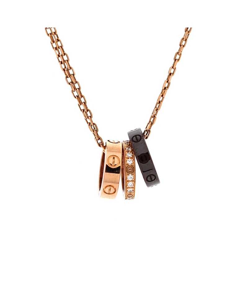 Pre-owned Pre-owned Cartier Cartier Love 3 Ring Pendant Necklace 18k Rose Gold And Ceramic With Diamonds, 16 In Pink