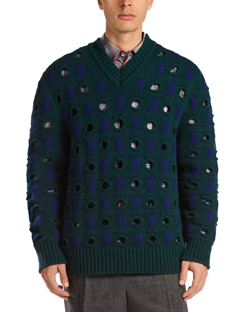 Marni V Neck Embellished Wool Blend Sweater in Dark Petrol