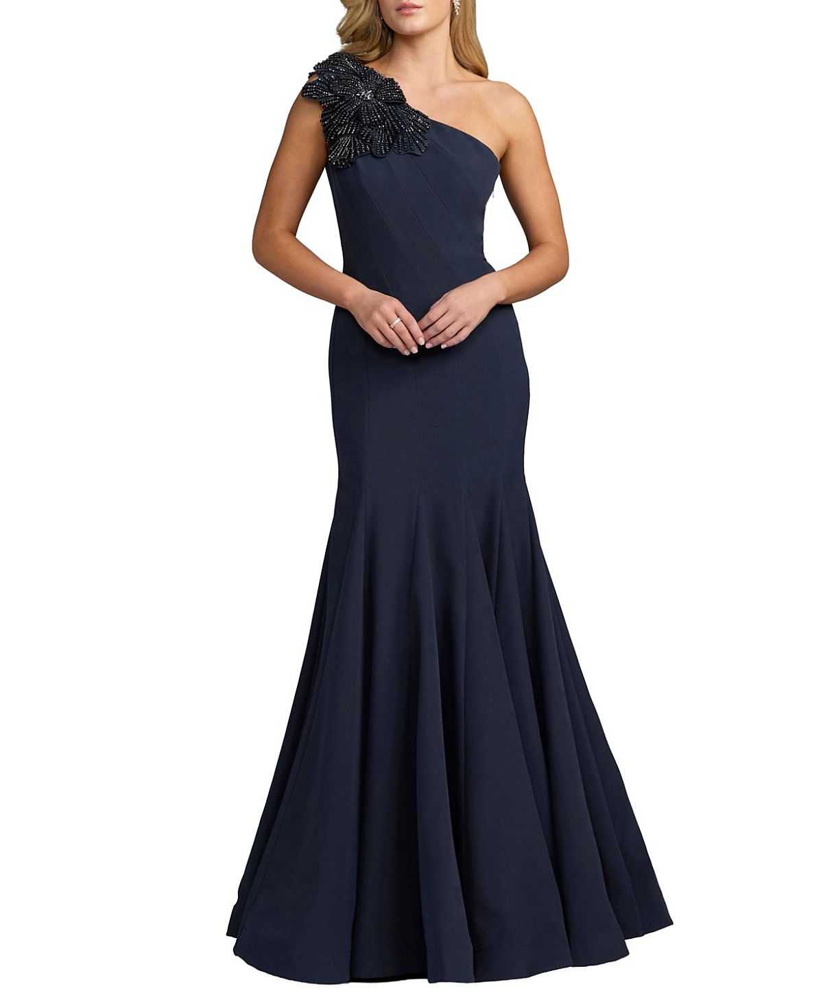 Mac Duggal Petite Crepe One Shoulder Gown With Flower Detail