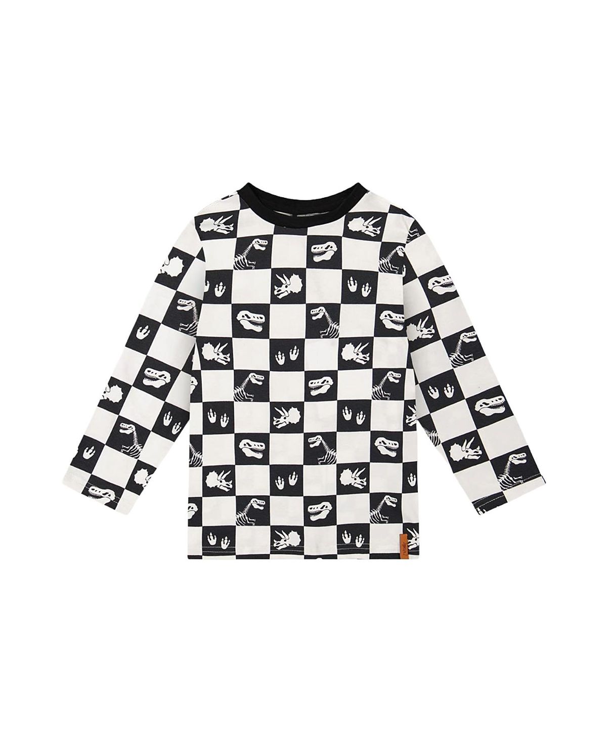Deux par Deux Boys' Organic Cotton Checkerboard Dino Icon Long Sleeve T-Shirt - Little Kid, Big Kid