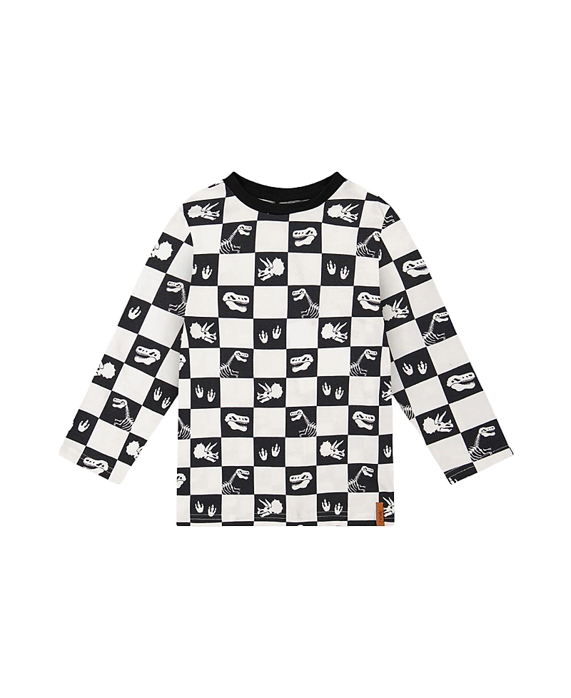 Deux par Deux Boys' Organic Cotton Checkerboard Dino Icon Long Sleeve T-Shirt - Little Kid