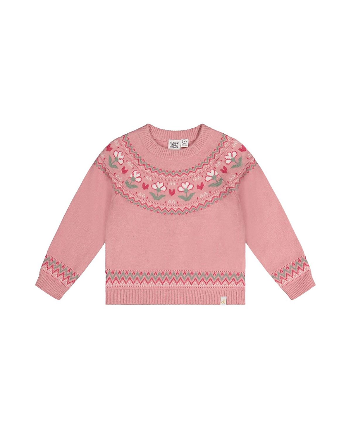 Deux par Deux Girls' Flower Jacquard Yoke Ribbed Cuff Sweater - Big Kid