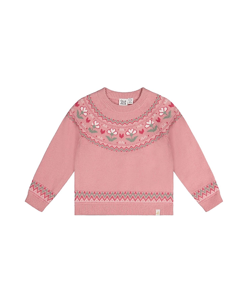 Deux par Deux Girls' Flower Jacquard Yoke Ribbed Cuff Sweater - Big Kid