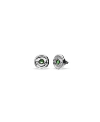 Silver Plated Button Earrings with Green Faceted Crystal