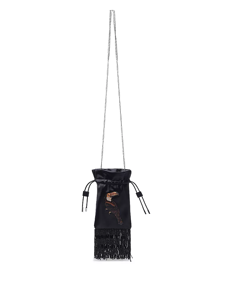 Farm Rio Mini Fringed Satin Bucket Bag