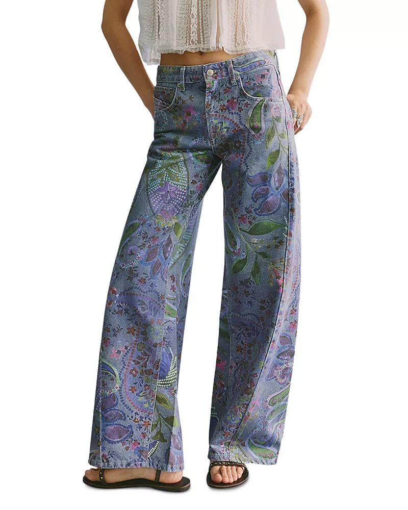 Free People Alter Ego Printed Wide Leg Jeans in Dusk Combo