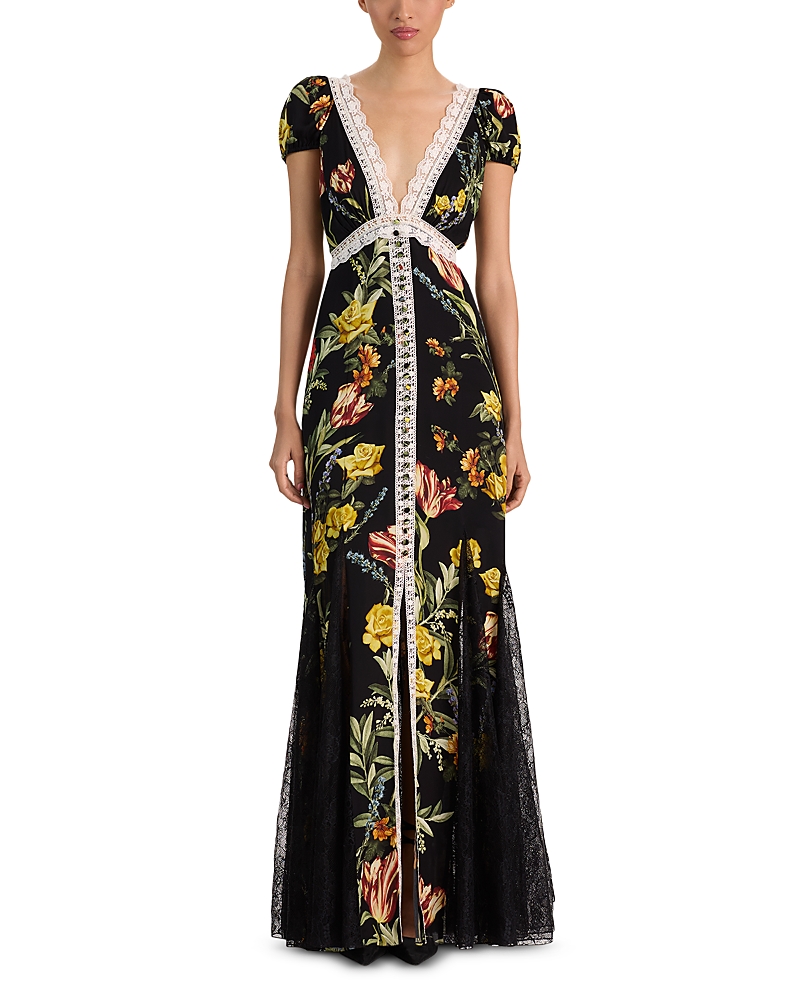 Alice And Olivia Rose Deep V Lace Trim Maxi Dress In Desert Sprigs Black