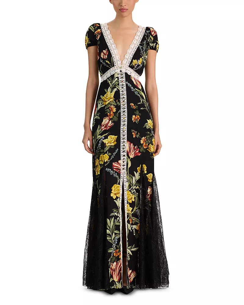 Alice and Olivia Rose Deep V Lace Trim Maxi Dress
