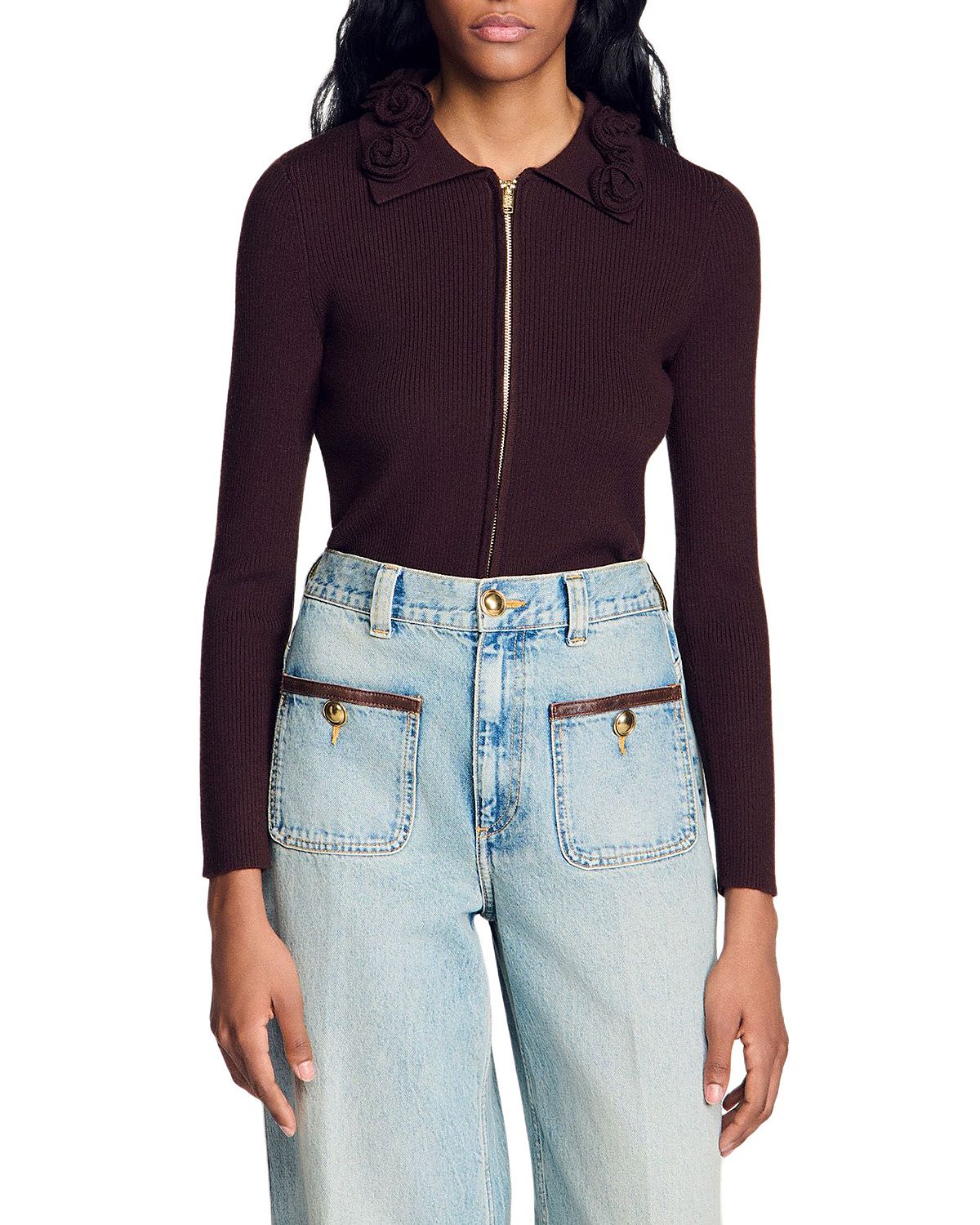 Sandro Zora Rosette Collar Zippered Cardigan