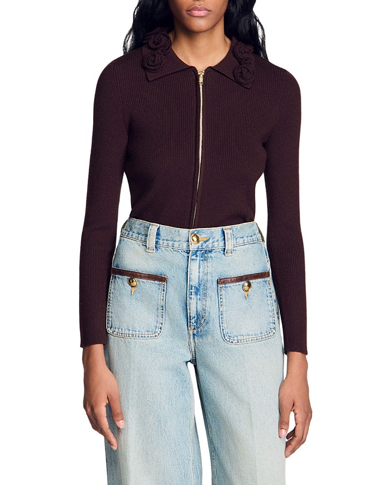 Sandro Zora Rosette Collar Zippered Cardigan