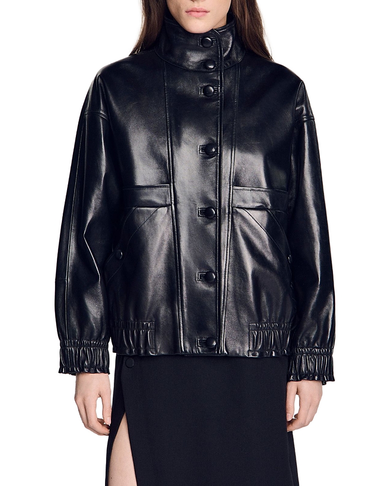 Sandro Kim Oversized Leather Jacket In Black